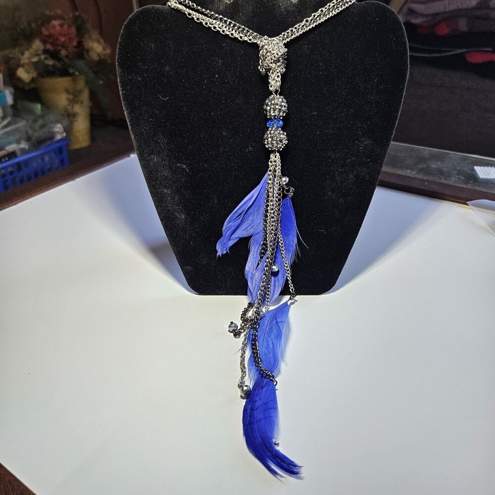 Silver Tone Layered Knotted Long Blue Feather Statement Necklace 37.5"